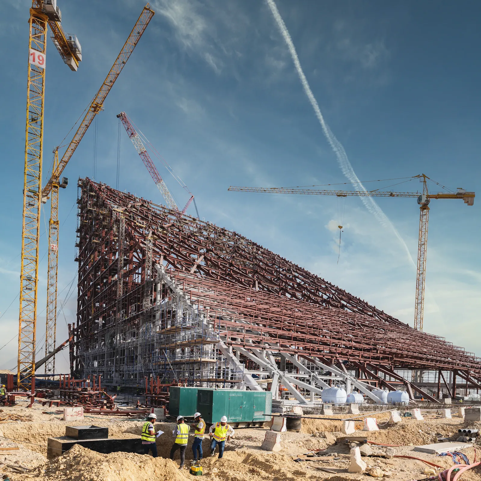 Steel structure of a large construction project with tower cranes